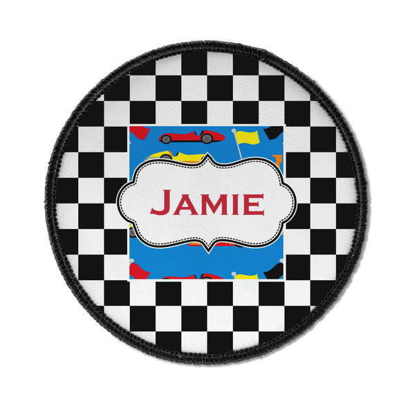 Custom Checkers & Racecars Iron On Round Patch w/ Name or Text