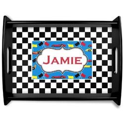 Checkers & Racecars Black Wooden Tray - Large (Personalized)