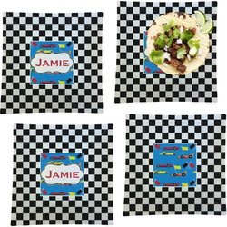 Checkers & Racecars Set of 4 Glass Square Lunch / Dinner Plate 9.5" (Personalized)