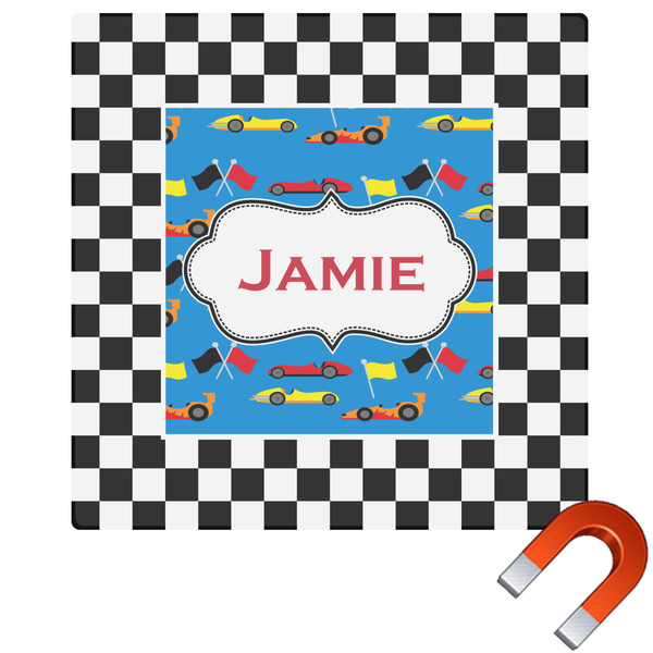 Custom Checkers & Racecars Square Car Magnet - 6" (Personalized)