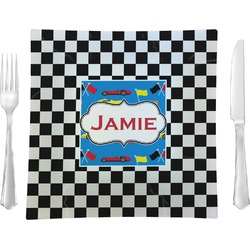Checkers & Racecars 9.5" Glass Square Lunch / Dinner Plate- Single or Set of 4 (Personalized)
