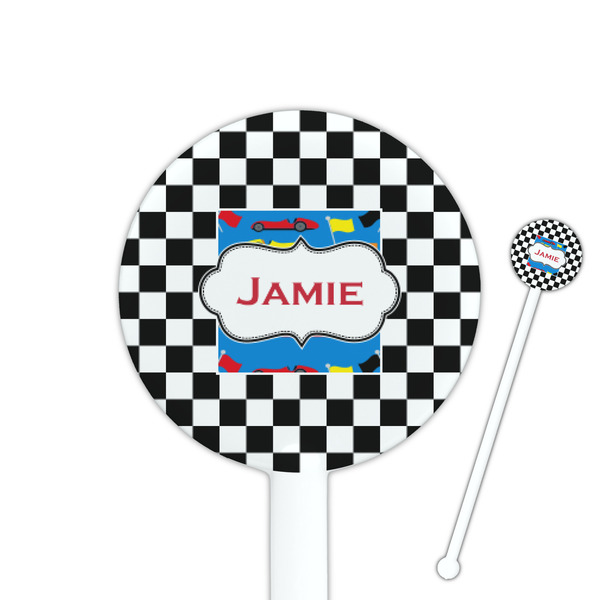 Custom Checkers & Racecars 5.5" Round Plastic Stir Sticks - White - Single Sided (Personalized)