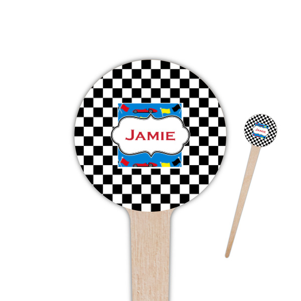 Custom Checkers & Racecars 4" Round Wooden Food Picks - Double Sided (Personalized)