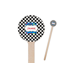 Checkers & Racecars 6" Round Wooden Stir Sticks - Double Sided (Personalized)