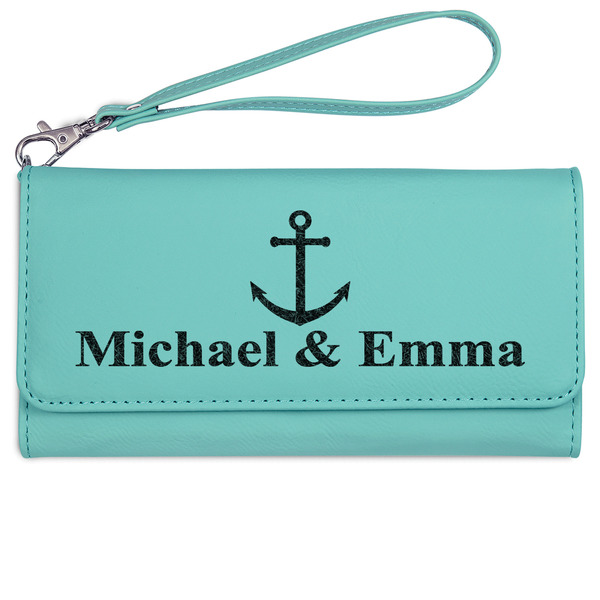 Custom All Anchors Ladies Leatherette Wallet - Laser Engraved- Teal (Personalized)