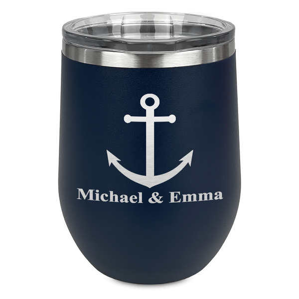 Custom All Anchors Stemless Stainless Steel Wine Tumbler - Navy - Double Sided (Personalized)