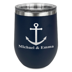 All Anchors Stemless Stainless Steel Wine Tumbler - Navy - Single Sided (Personalized)