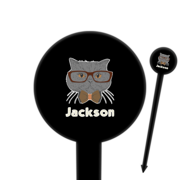 Custom Hipster Cats & Mustache 6" Round Plastic Food Picks - Black - Double Sided (Personalized)