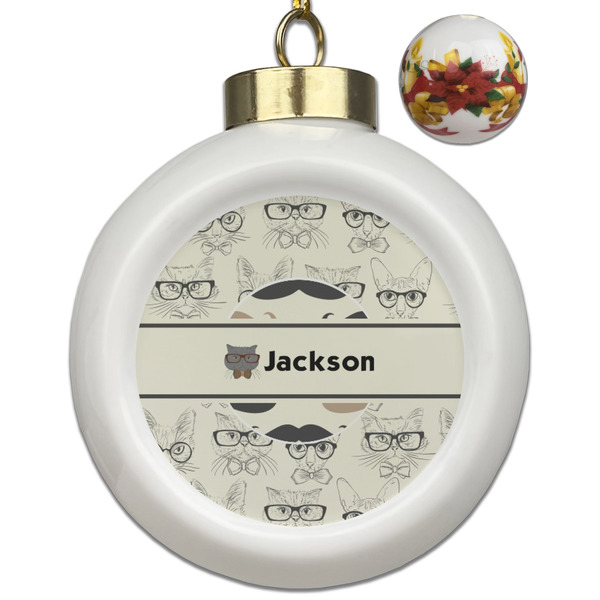 Custom Hipster Cats & Mustache Ceramic Ball Ornaments - Poinsettia Garland (Personalized)