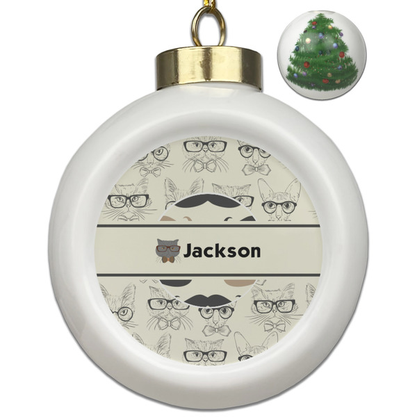 Custom Hipster Cats & Mustache Ceramic Ball Ornament - Christmas Tree (Personalized)