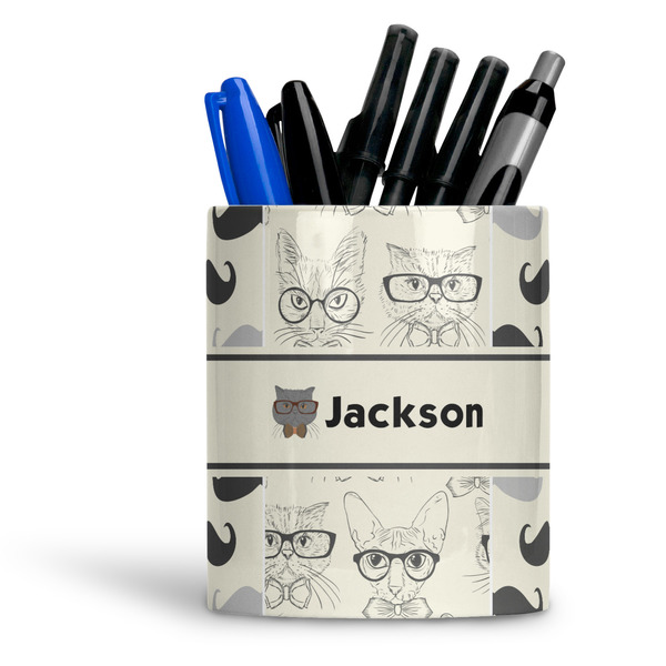 Custom Hipster Cats & Mustache Ceramic Pen Holder