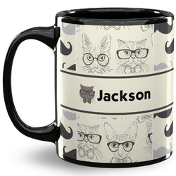 Hipster Cats & Mustache 11 Oz Coffee Mug - Black (Personalized)