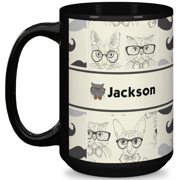 Custom Hipster Cats & Mustache 15 Oz Coffee Mug - Black (Personalized)