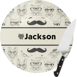 Hipster Cats & Mustache Round Glass Cutting Board - Medium (Personalized)