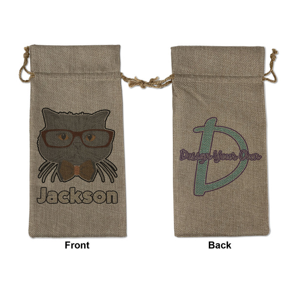 Custom Hipster Cats & Mustache Large Burlap Gift Bag - Front & Back (Personalized)