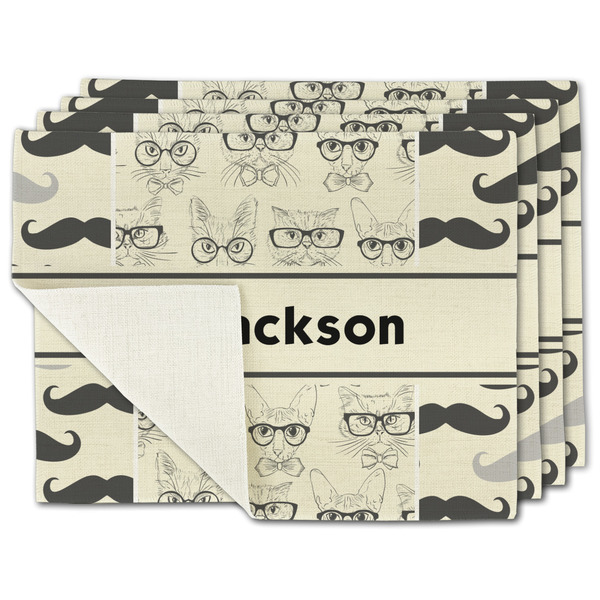 Custom Hipster Cats & Mustache Single-Sided Linen Placemat - Set of 4 w/ Name or Text