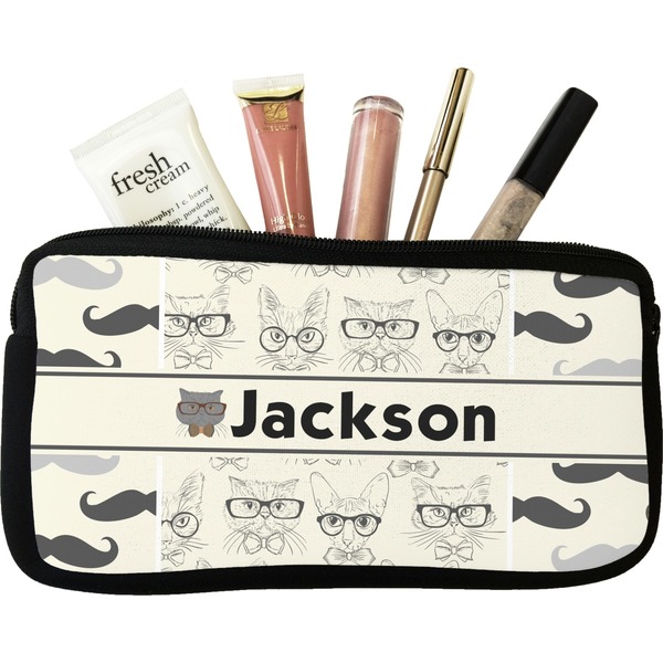 Custom Hipster Cats & Mustache Makeup / Cosmetic Bag (Personalized)