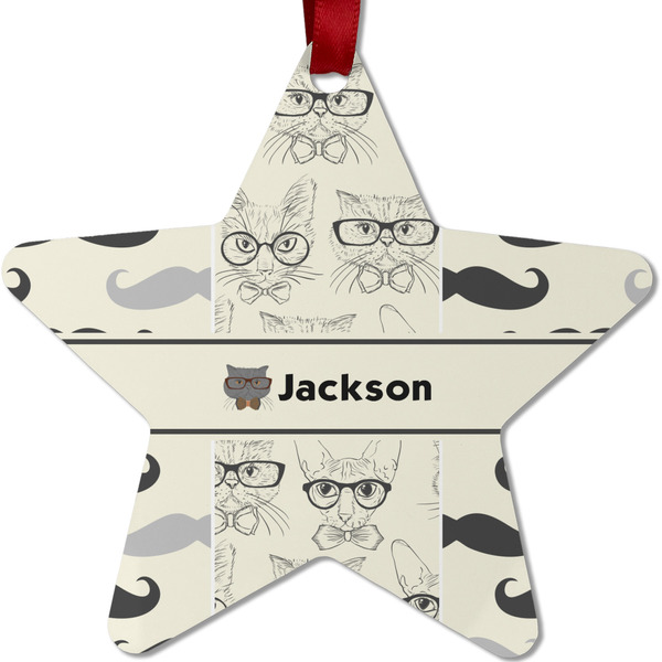 Custom Hipster Cats & Mustache Metal Star Ornament - Double Sided w/ Name or Text