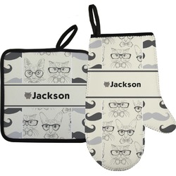 Hipster Cats & Mustache Right Oven Mitt & Pot Holder Set w/ Name or Text