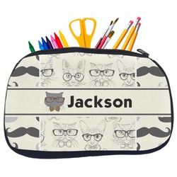 Hipster Cats & Mustache Neoprene Pencil Case - Medium w/ Name or Text