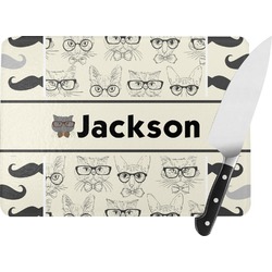Hipster Cats & Mustache Rectangular Glass Cutting Board - Large - 15.25"x11.25" w/ Name or Text