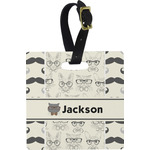 Hipster Cats & Mustache Plastic Luggage Tag - Square w/ Name or Text