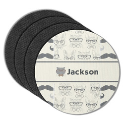 Hipster Cats & Mustache Round Rubber Backed Coasters - Set of 4 (Personalized)