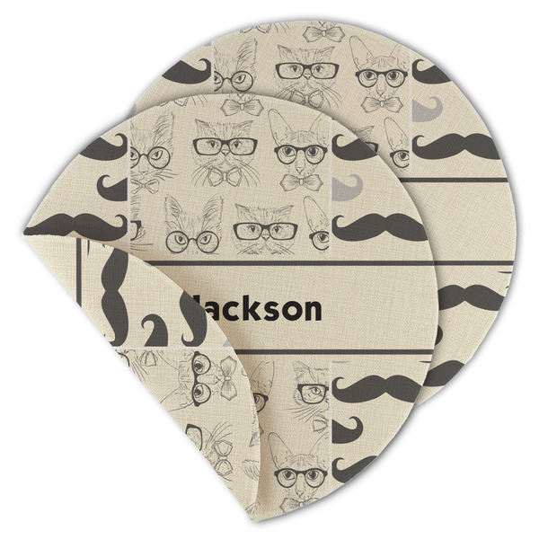 Custom Hipster Cats & Mustache Round Linen Placemat - Double Sided - Set of 4 (Personalized)