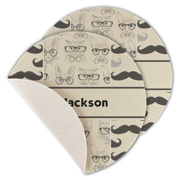 Custom Hipster Cats & Mustache Round Linen Placemat - Single Sided - Set of 4 (Personalized)