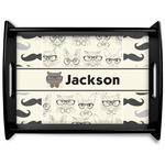 Hipster Cats & Mustache Black Wooden Tray - Large (Personalized)