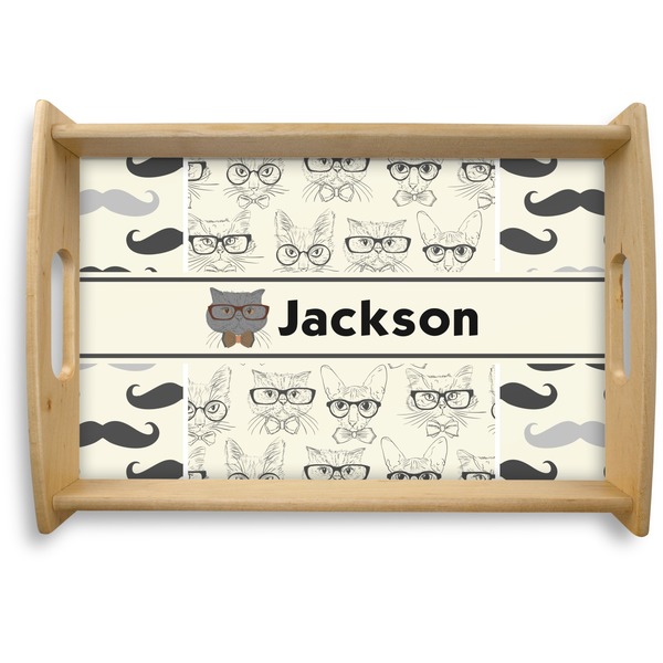 Custom Hipster Cats & Mustache Natural Wooden Tray - Small (Personalized)