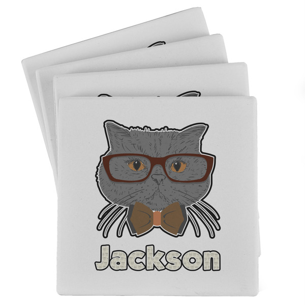 Custom Hipster Cats & Mustache Absorbent Stone Coasters - Set of 4 (Personalized)