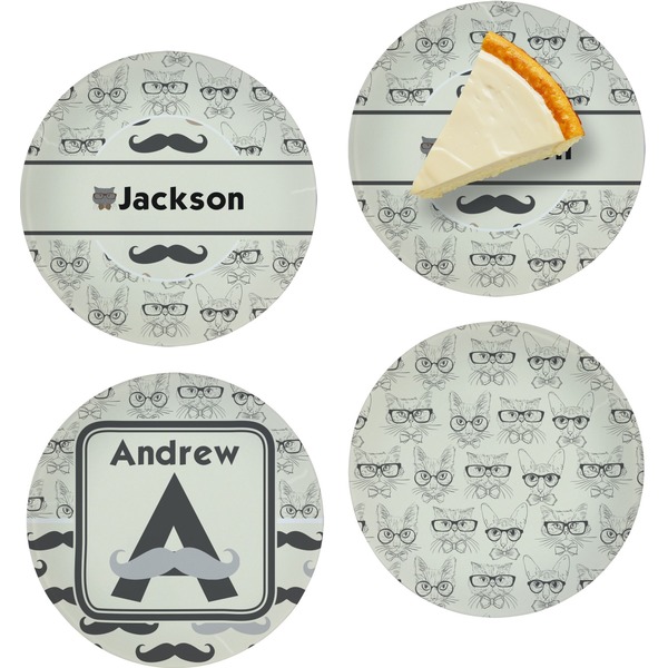 Custom Hipster Cats & Mustache Set of 4 Glass Appetizer / Dessert Plate 8" (Personalized)