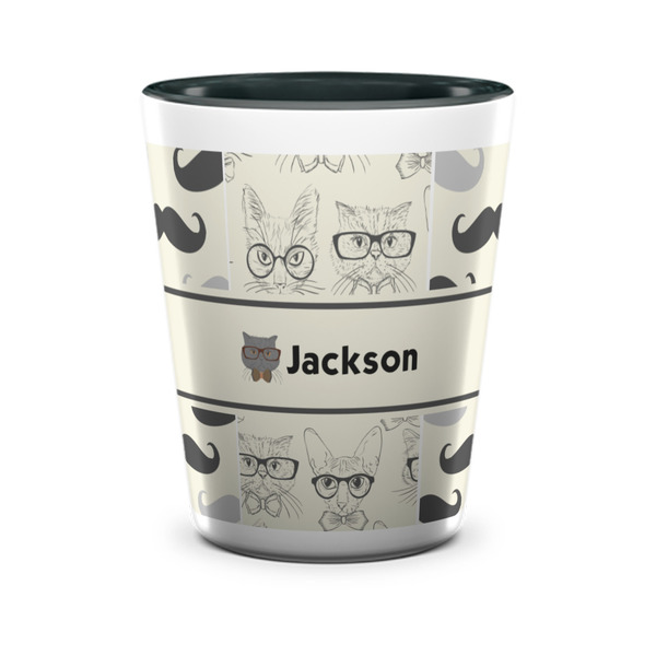 Custom Hipster Cats & Mustache Ceramic Shot Glass - 1.5 oz - Two Tone - Single (Personalized)