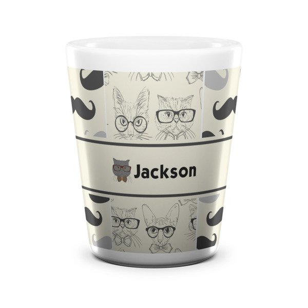 Custom Hipster Cats & Mustache Ceramic Shot Glass - 1.5 oz - White - Set of 4 (Personalized)