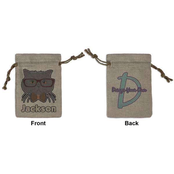 Custom Hipster Cats & Mustache Small Burlap Gift Bag - Front & Back (Personalized)