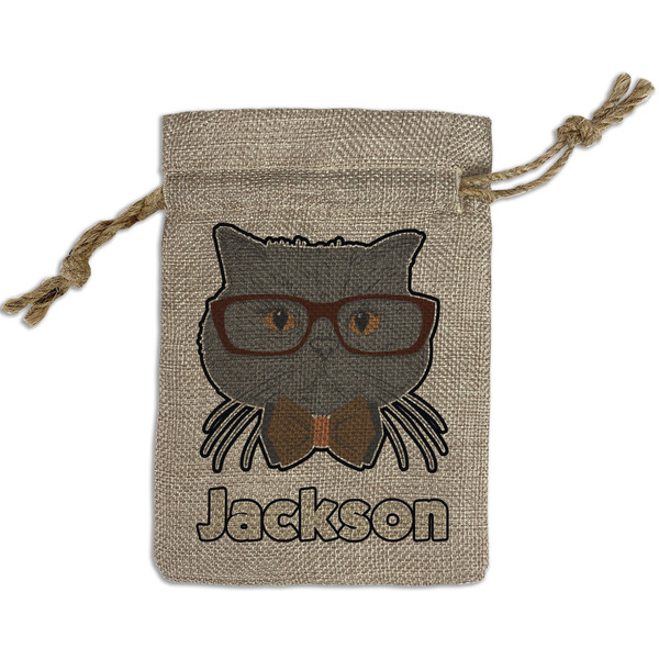 Custom Hipster Cats & Mustache Small Burlap Gift Bag - Front (Personalized)