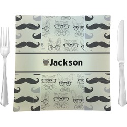 Hipster Cats & Mustache Glass Square Lunch / Dinner Plate 9.5" (Personalized)