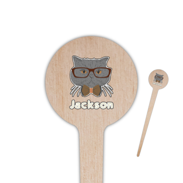 Custom Hipster Cats & Mustache 4" Round Wooden Food Picks - Single Sided (Personalized)