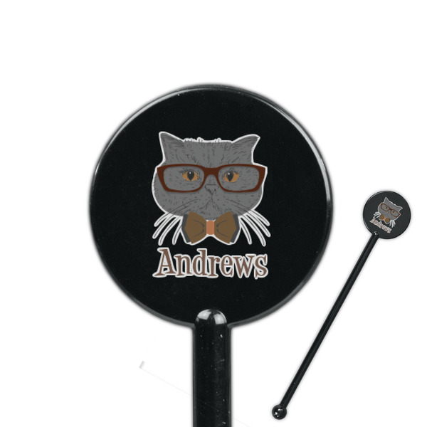 Custom Hipster Cats 5.5" Round Plastic Stir Sticks - Black - Double Sided (Personalized)