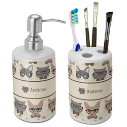 Hipster Cats Ceramic Bathroom Accessories Set (Personalized)