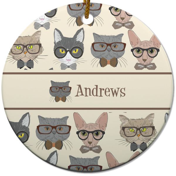 Custom Hipster Cats Round Ceramic Ornament w/ Name or Text