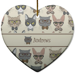 Hipster Cats Heart Ceramic Ornament w/ Name or Text