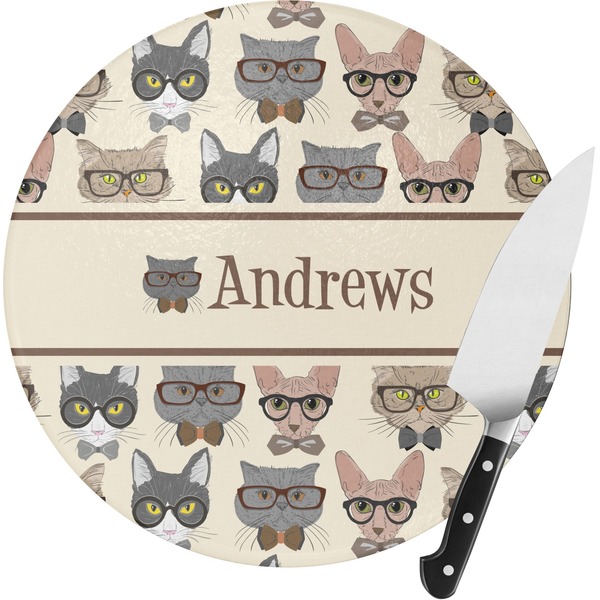 Custom Hipster Cats Round Glass Cutting Board (Personalized)