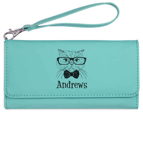 Custom Hipster Cats Ladies Leatherette Wallet - Laser Engraved- Teal (Personalized)