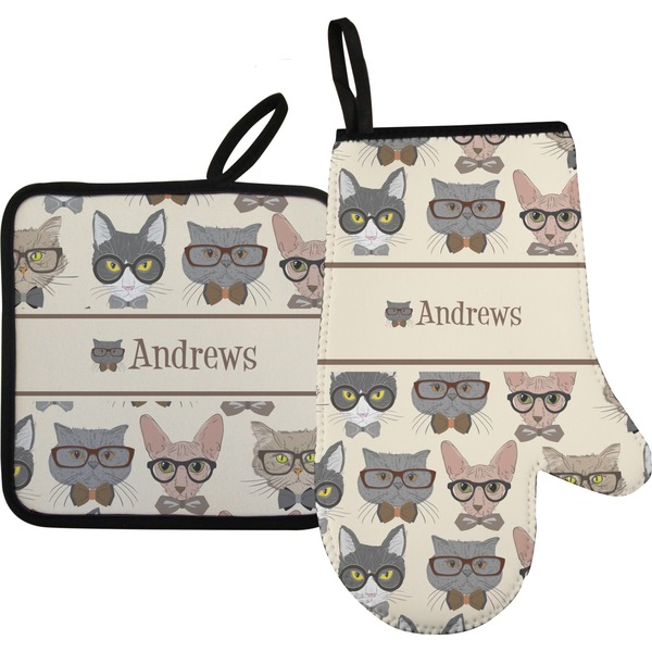 Custom Hipster Cats Right Oven Mitt & Pot Holder Set w/ Name or Text
