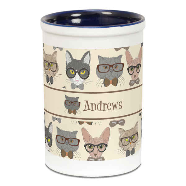 Custom Hipster Cats Ceramic Pencil Holders - Blue