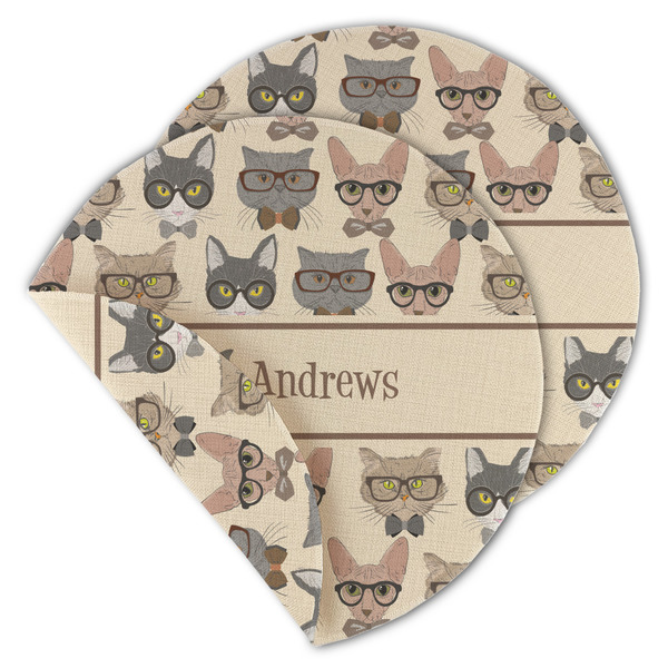 Custom Hipster Cats Round Linen Placemat - Double Sided - Set of 4 (Personalized)