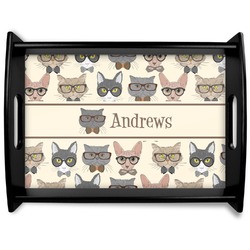 Hipster Cats Black Wooden Tray - Large (Personalized)