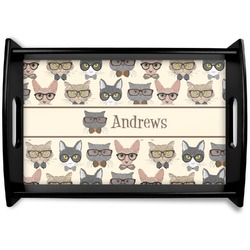 Hipster Cats Black Wooden Tray - Small (Personalized)